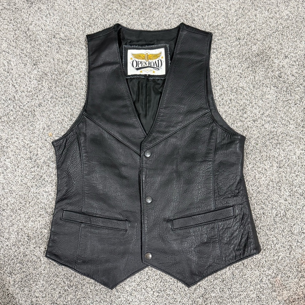 Vintage Open Road Black Genuine Leather Vest Jacket Snap Button Women’s Small